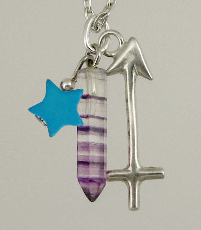 Sterling Silver Sagittarius Pendant Necklace With an Fluorite Crystal And a Turquoise Star